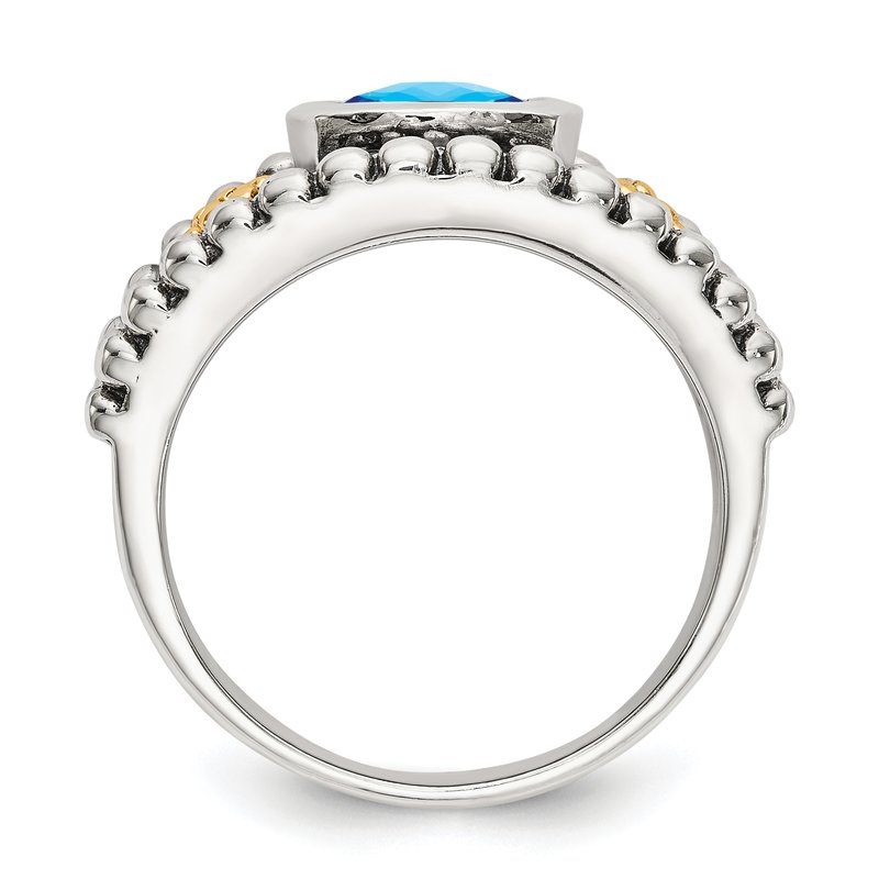 Sterling Silver with 14K Accent Antiqued Checkerboard Bezel Blue Topaz Ring