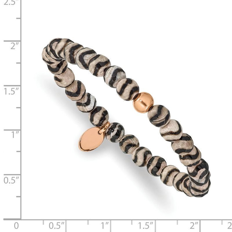 Stainless Steel Polished Rose IP-plated 6mm Black and White Striped Agate Beaded Stretch Bracelet