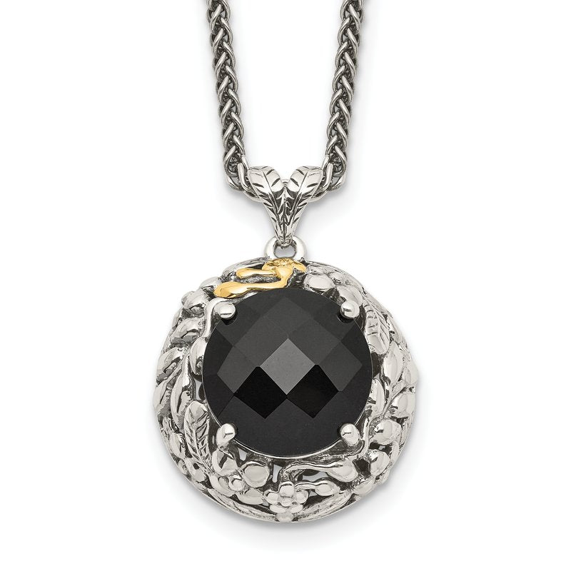 Sterling Silver with 14K Accent 18 Inch Antiqued Checkerboard-cut Black Onyx Necklace
