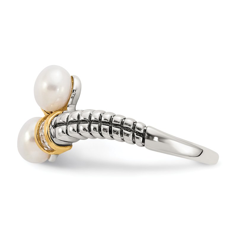 Sterling Silver with 14K Accent Antiqued 5.5-6mm Freshwater Cultured Pearl and Diamond By-Pass Ring
