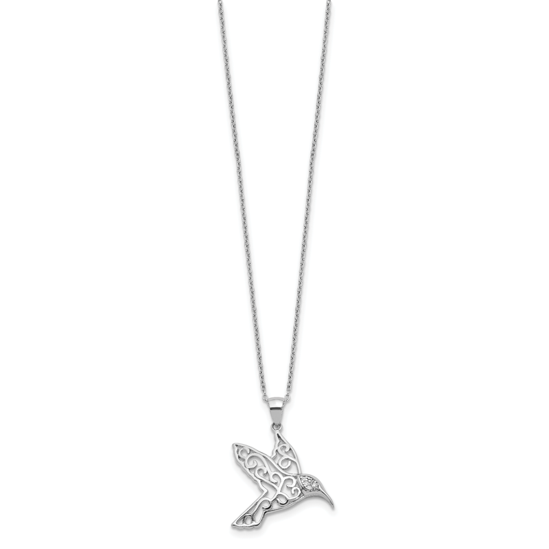 Sterling Silver Rhodium-plated Filigree Brilliant-cut CZ Hummingbird 18 Inch Necklace