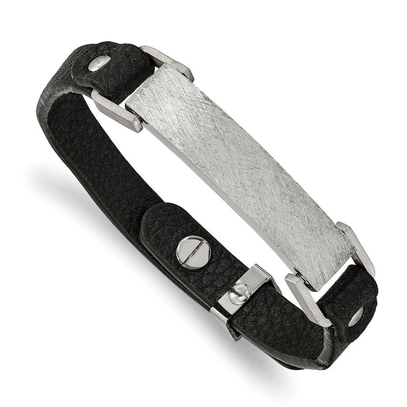 Stainless Steel Polished Scratch Finished Black Leather Adjustable ID Bracelet