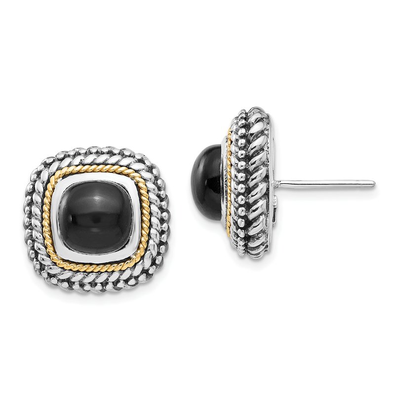 Sterling Silver with 14K Accent Antiqued Cabochon Black Onyx Post Earrings