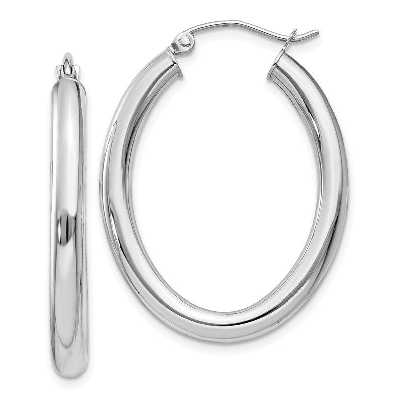 14k White Gold Polished 3.5mm Oval Tube Hoop Earrings