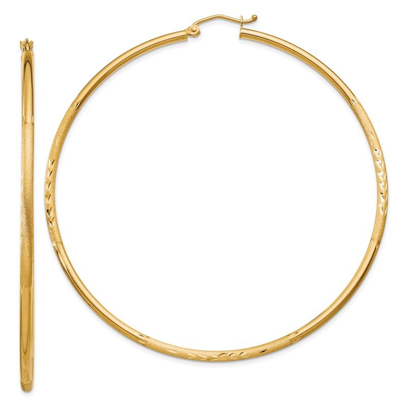 14k Satin and Diamond-cut 2mm Round Tube Hoop Earrings