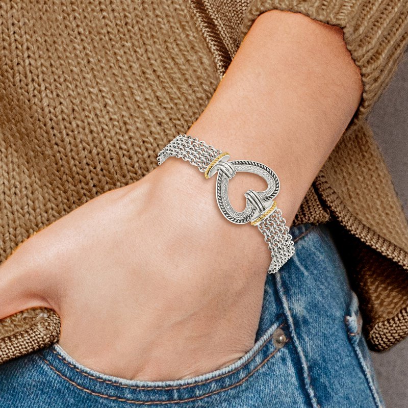 Sterling Silver with 14K Accent 7.75 Inch Antiqued Diamond Heart Bracelet