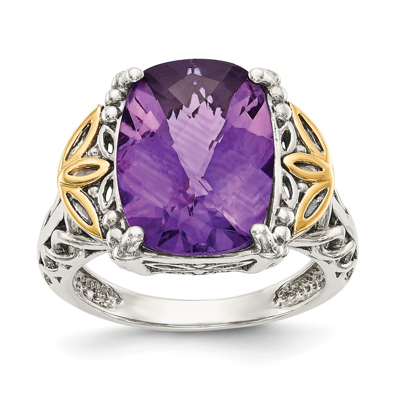 Sterling Silver with 14K Accent Antiqued Cushion Amethyst Ring