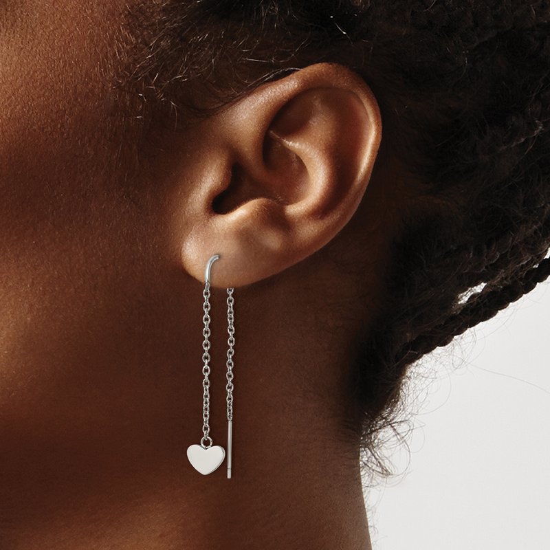 Stainless Steel Polished Threader Heart Dangle Earrings