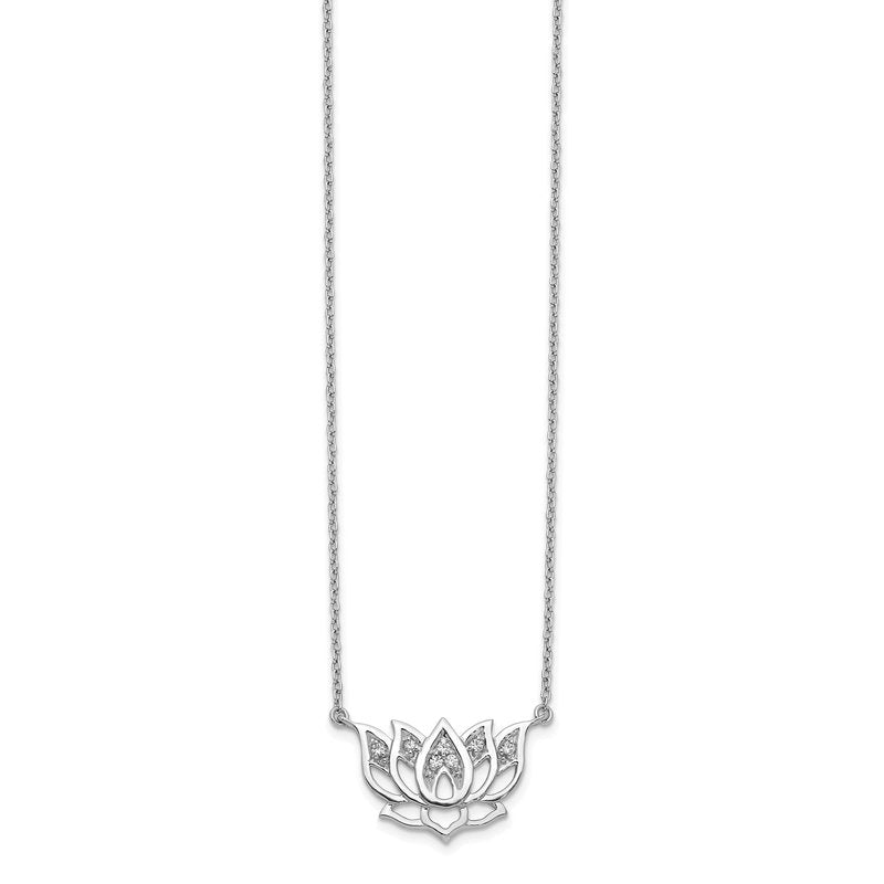 14k White Gold 1/15 carat Diamond Lotus Flower 18 inch Necklace