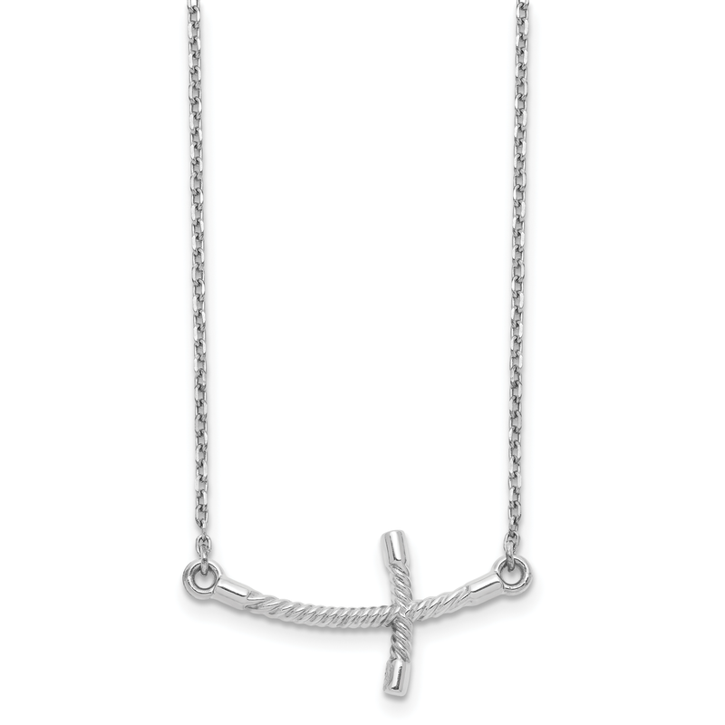 14k White Gold Large Sideways Curved Twist Cross 19 inch Necklace