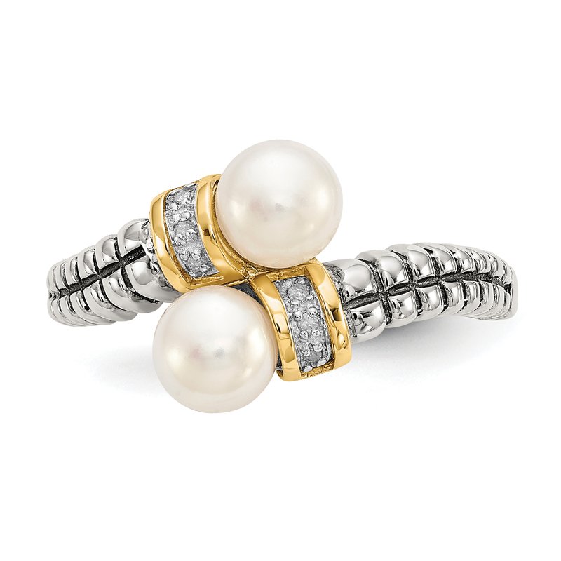 Sterling Silver with 14K Accent Antiqued 5.5-6mm Freshwater Cultured Pearl and Diamond By-Pass Ring