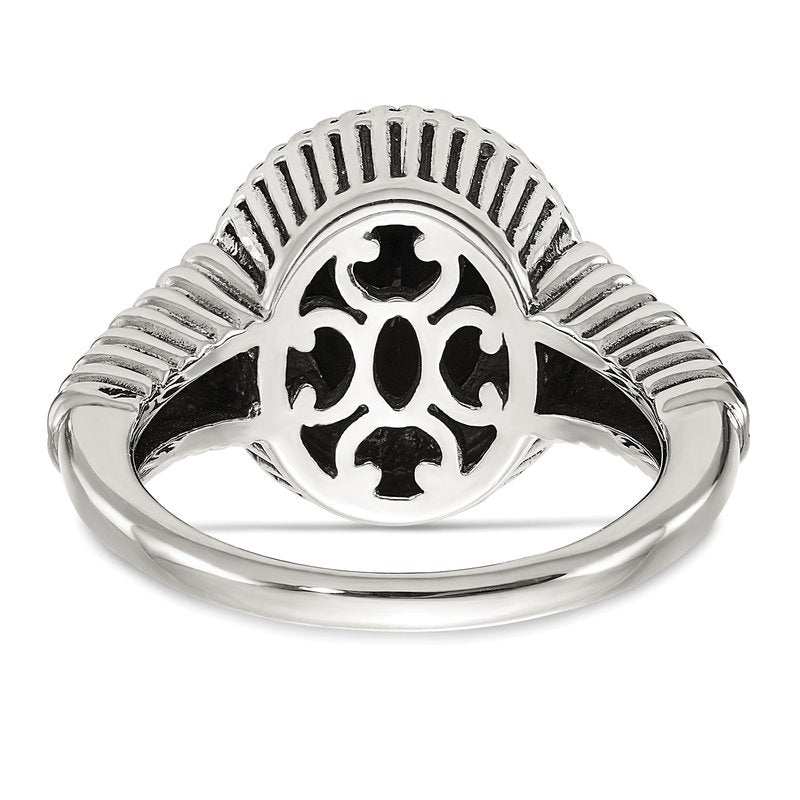 Sterling Silver with 14K Accent Antiqued Checkerboard-cut Black Onyx Ring