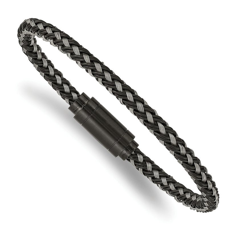 Stainless Steel Polished Black IP-plated Braided Wire and Rubber 8.25 inch Bracelet