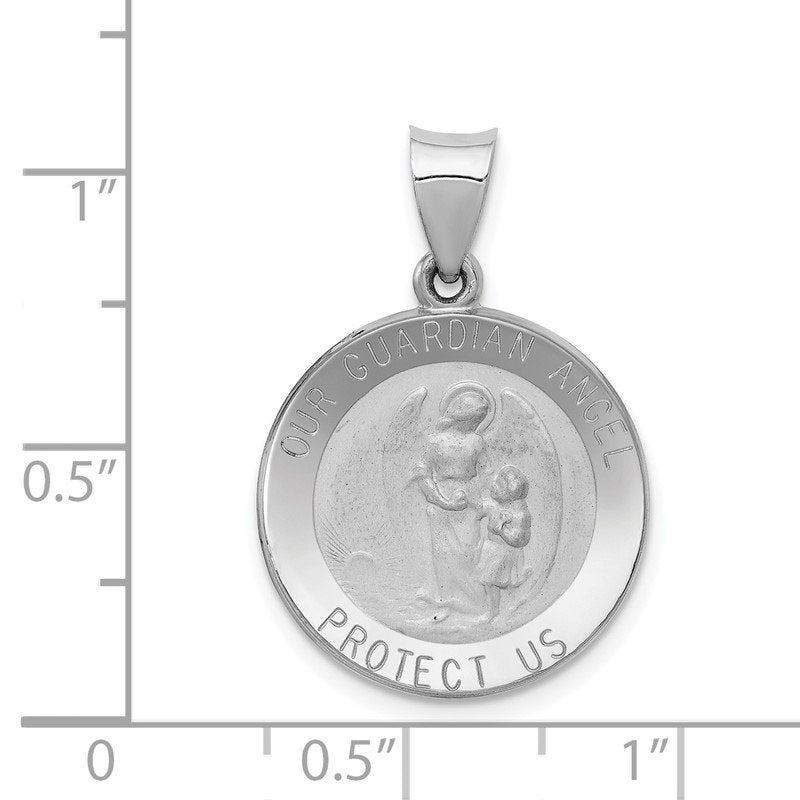 14K White Gold Polished and Satin Hollow Our Guardian Angel Medal Charm