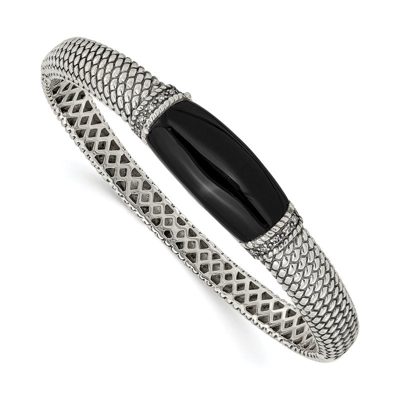 Sterling Silver Antiqued Black Onyx and Diamond Hinged Bangle Bracelet