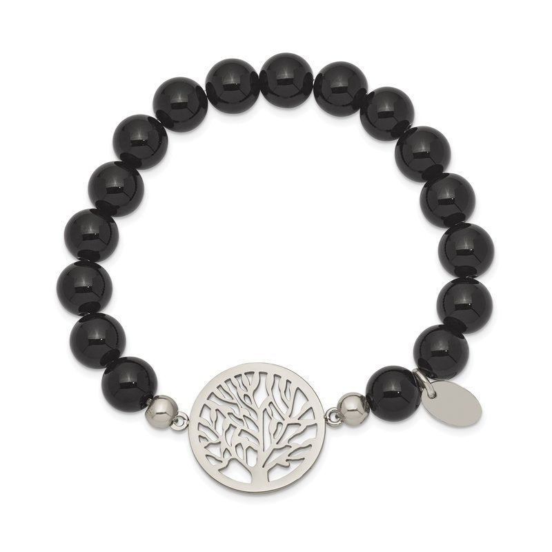 Stainless Steel Polished Tree of Life 8mm Black Agate Beaded Stretch Bracelet