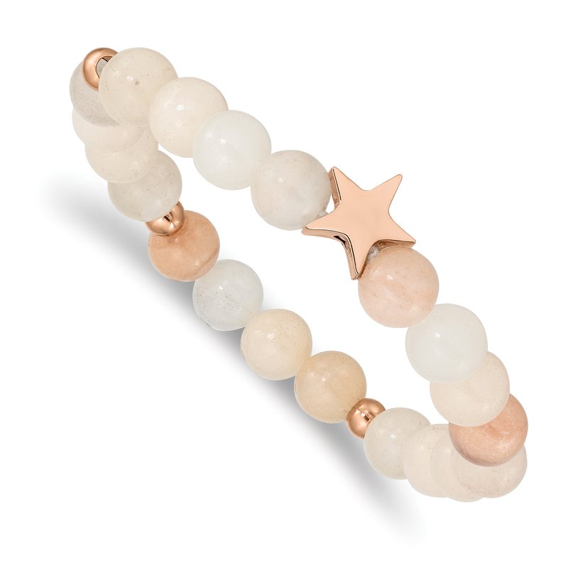 Stainless Steel Polished Rose IP-plated Star 8.5mm Pink and White Aventurine Beaded Stretch Bracelet
