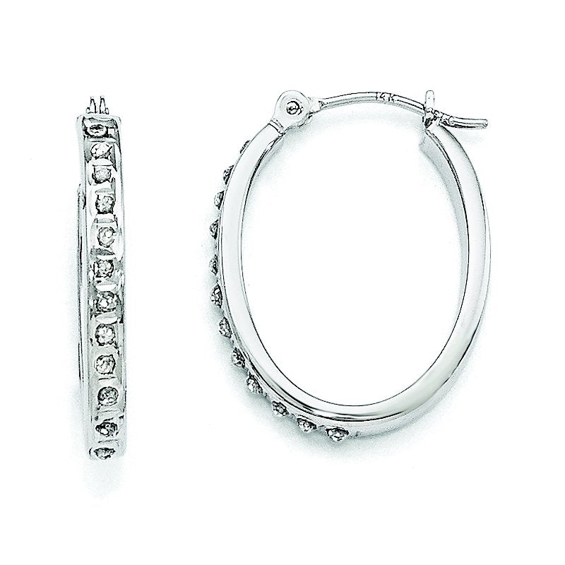 14k White Gold Diamond Fascination Oval Hinged Hoop Earrings