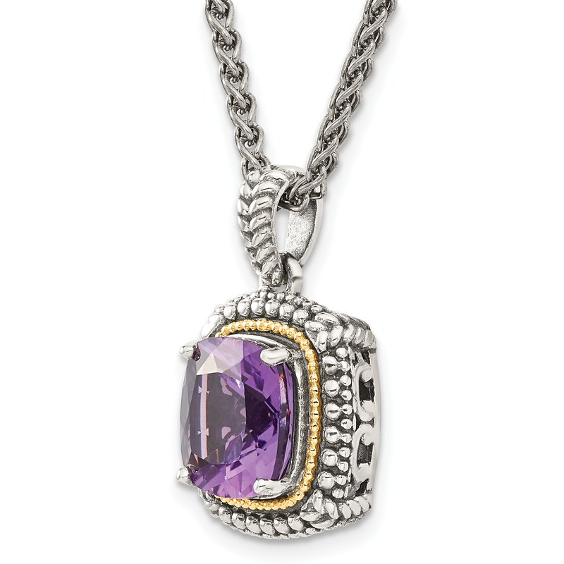Sterling Silver with 14K Accent 18 Inch Antiqued Cushion Amethyst Necklace