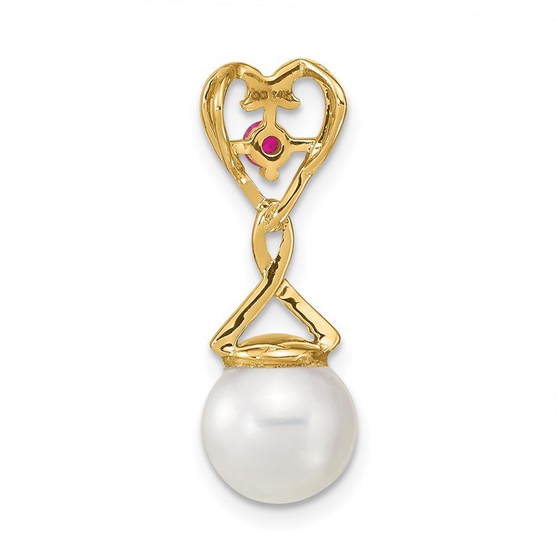 14k 8-9mm Round White Freshwater Cultured Pearl/Lab Created Ruby/Diamond Chain Slide