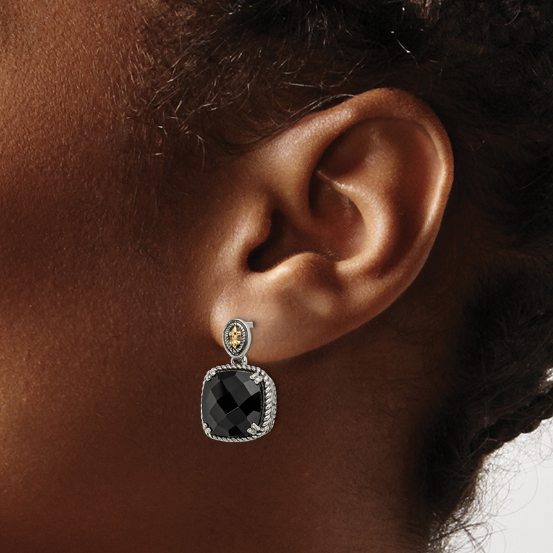 Sterling Silver with 14K Accent Antiqued Checkerboard-cut Black Onyx Dangle Post Earrings