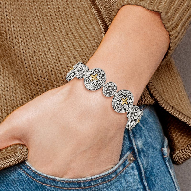 Sterling Silver with 14K Accent 8 Inch Antiqued Toggle Bracelet