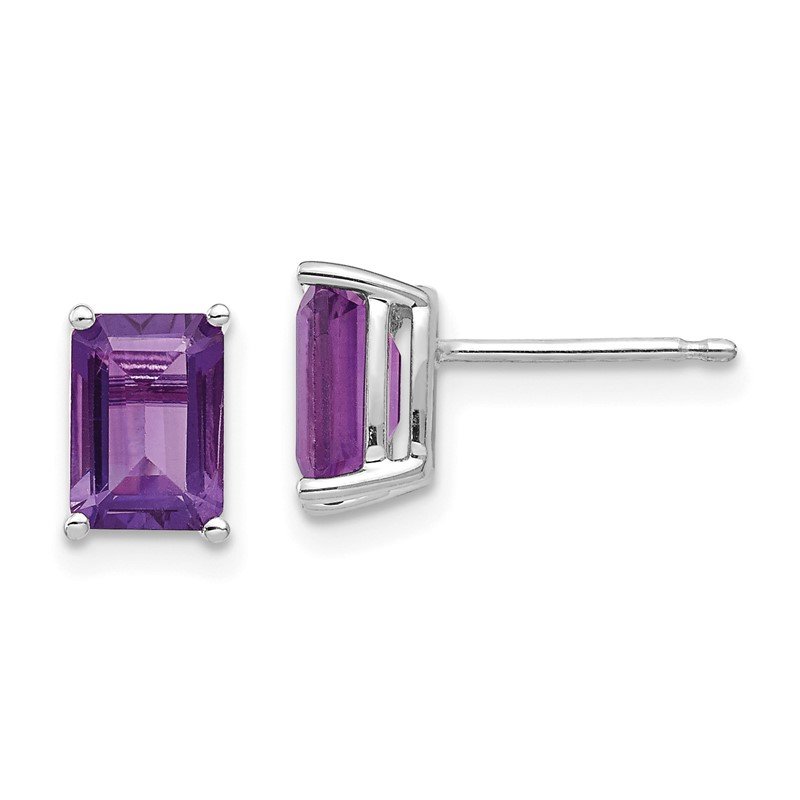 14k White Gold 7x5mm Emerald-Cut Amethyst Post Earrings