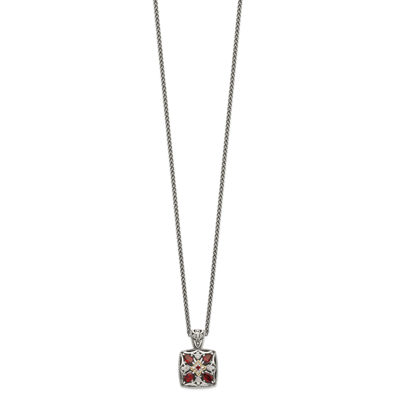 Sterling Silver with 14K Accent 18 Inch Antiqued Diamond and Marquise Garnet Necklace