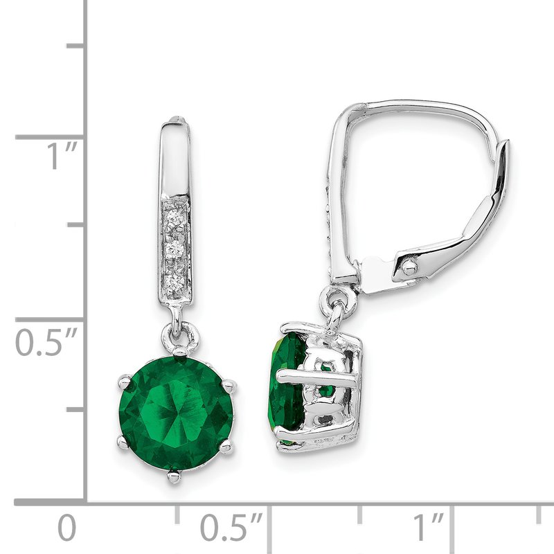 Sterling Silver Rhodium-plated Brilliant-cut Green Glass and Brilliant-cut White CZ Leverback Dangle Earrings