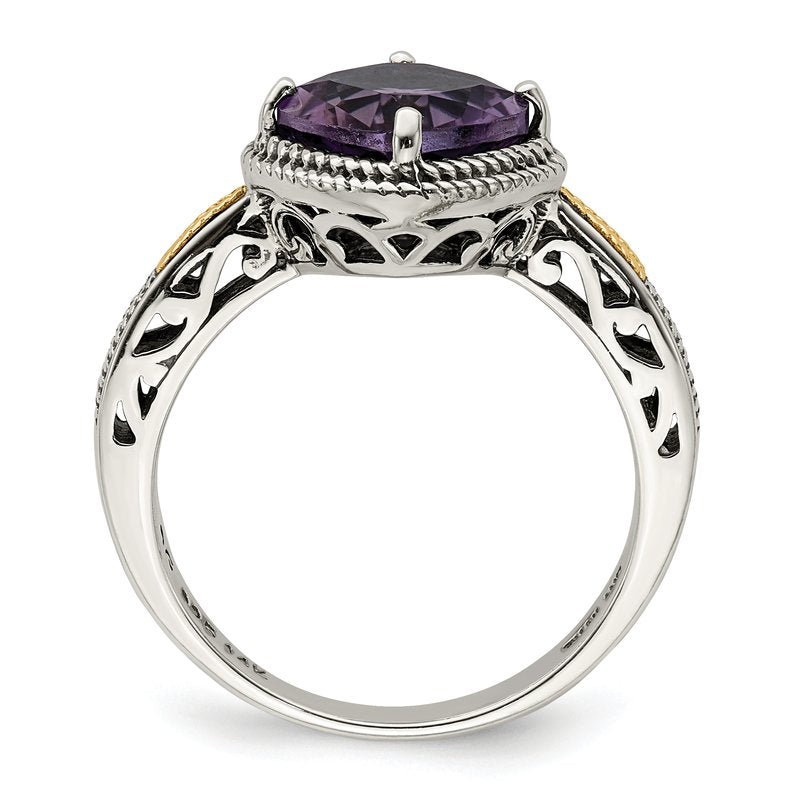 Sterling Silver with 14K Accent Antiqued Cushion Amethyst Ring