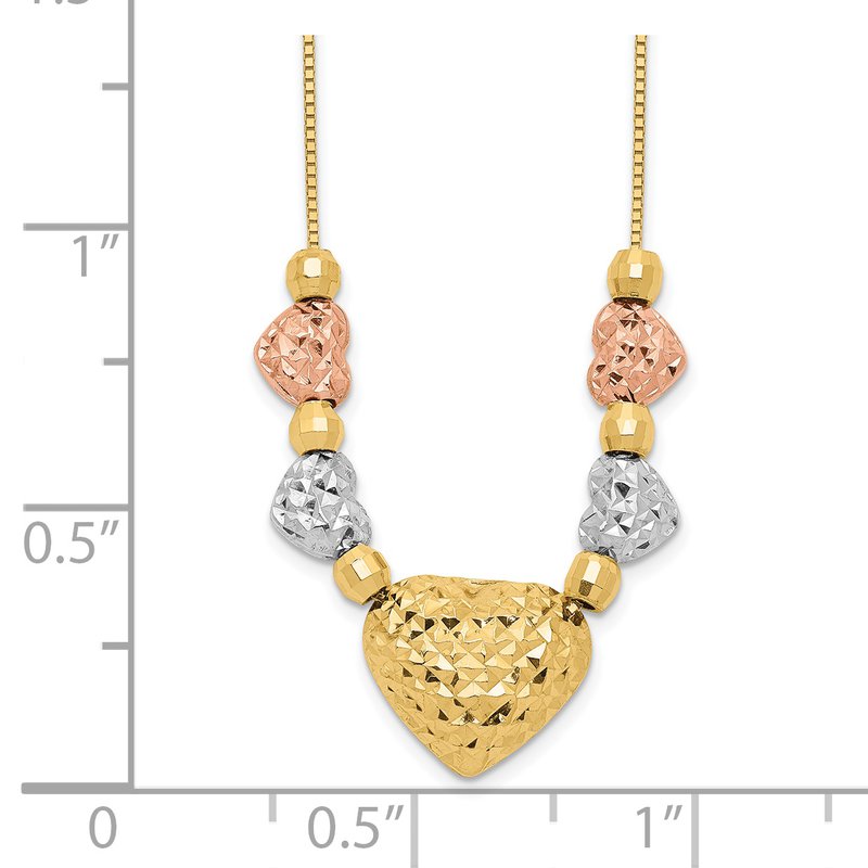 14k Tri-color Textured Puffed and Flat Hearts and Beads 18 inch Necklace