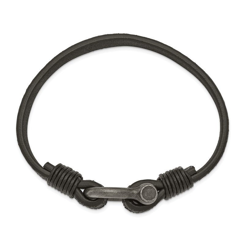 Stainless Steel Antiqued White Bronze Plated Shackle Textured Black Leather 8 inch Bracelet