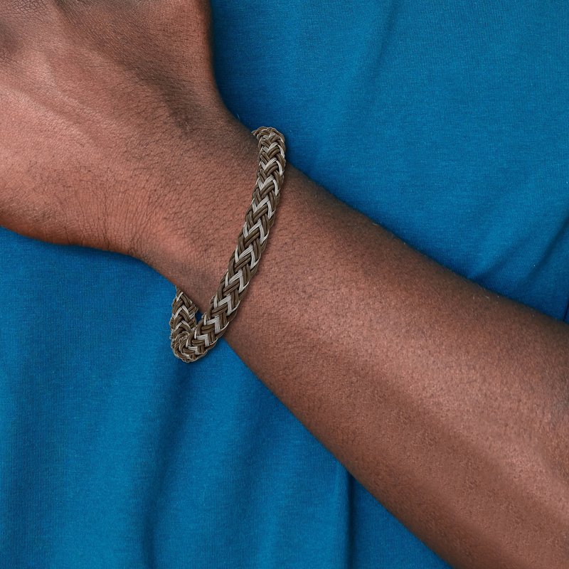 Stainless Steel Brushed Braided Wire and Brown Rubber 8.5 inch Bracelet