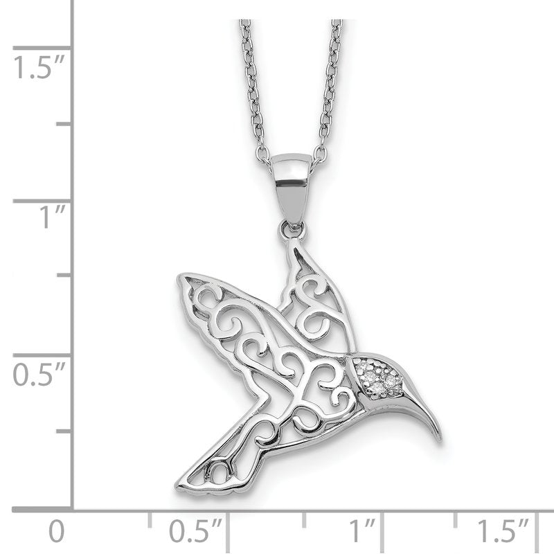 Sterling Silver Rhodium-plated Filigree Brilliant-cut CZ Hummingbird 18 Inch Necklace