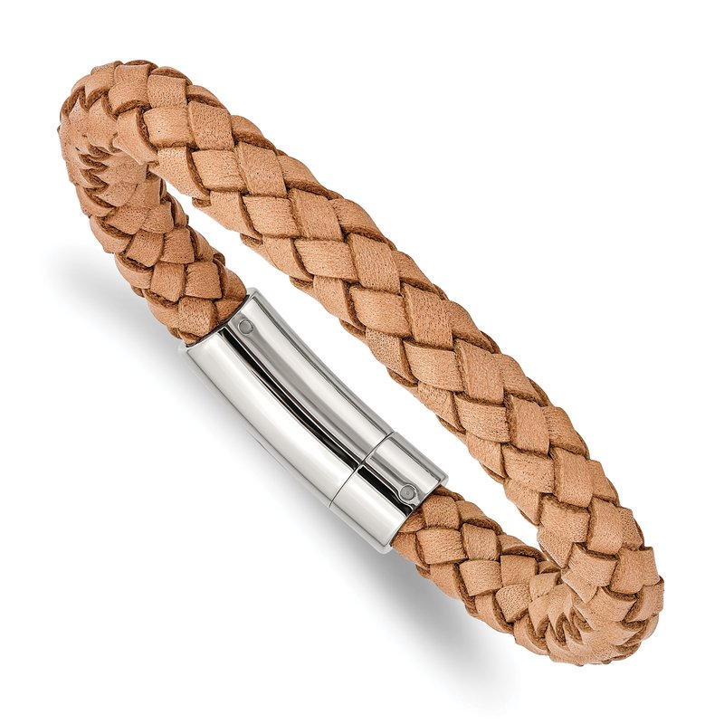 Stainless Steel Polished Light Tan Braided Leather 8.5 inch Bracelet