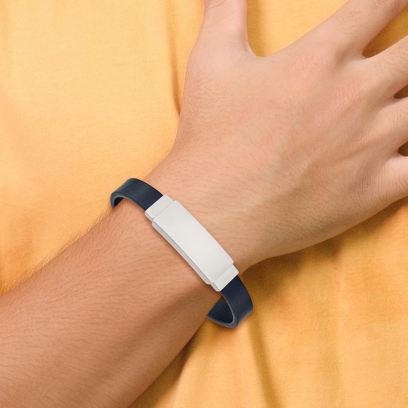 Stainless Steel Polished Navy Blue Leather 8.5 inch ID Bracelet