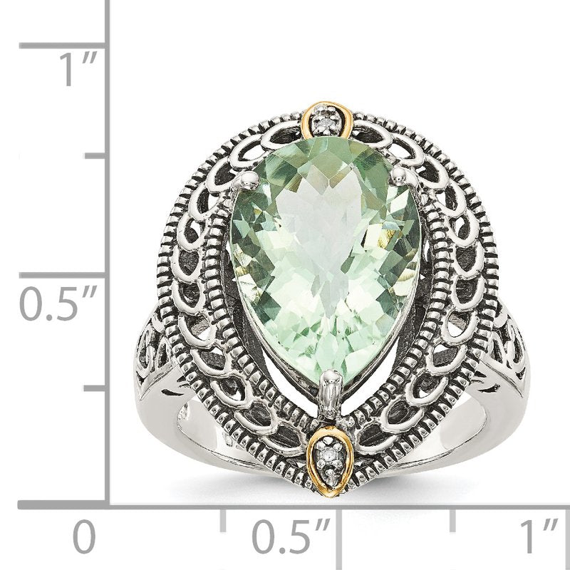 Sterling Silver with 14K Accent Antiqued Diamond and Pear Shaped Green Quartz Ring