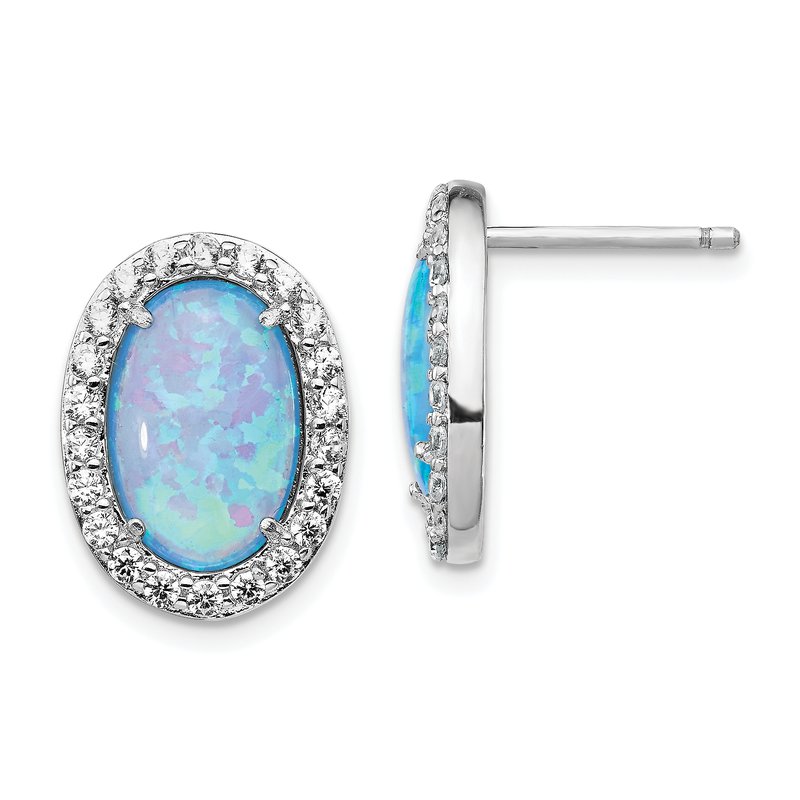 Sterling Silver Rhodium-plated Cabochon Lab Created Blue Opal and Brilliant-cut CZ Oval Post Earrings