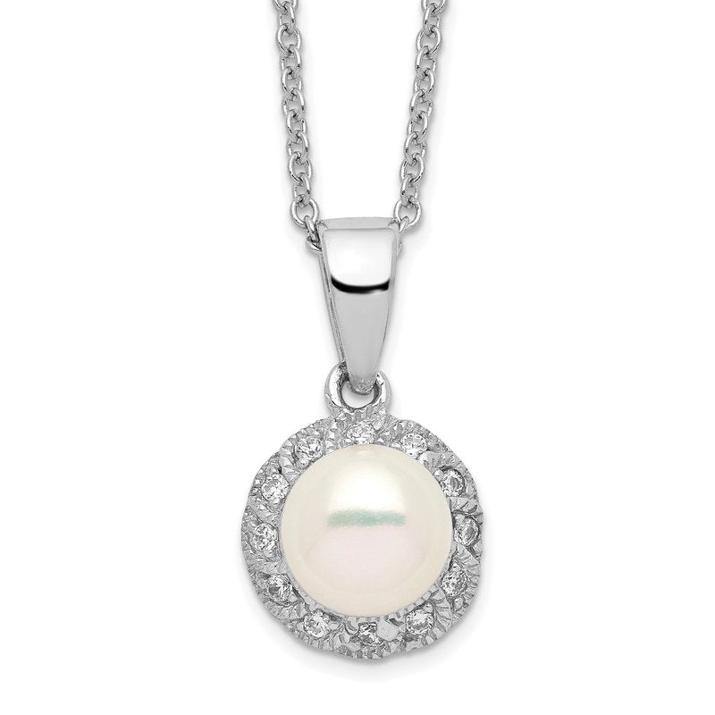 Sterling Silver Rhodium-plated Freshwater Cultured Pearl and Brilliant-cut CZ 18 Inch Necklace
