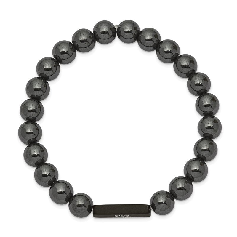 Stainless Steel Brushed Black IP-plated with White Enamel Medical ID 8mm Hematite Beaded Stretch Bracelet