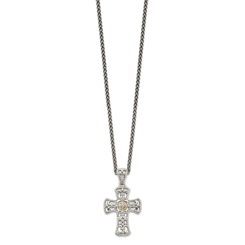 Sterling Silver with 14K Accent 18 Inch Diamond Cross Necklace