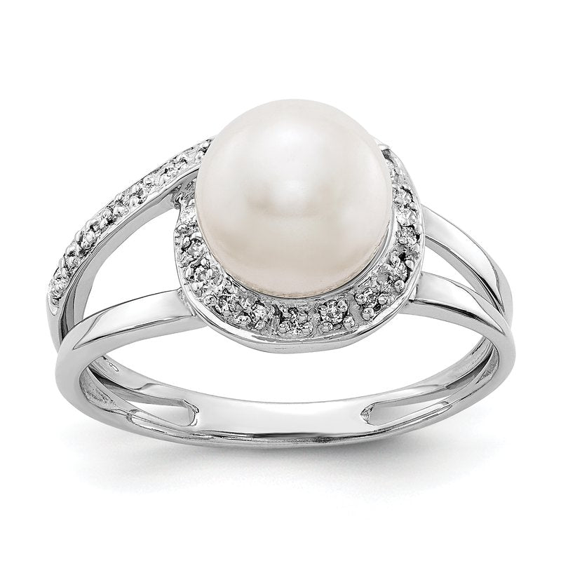 14k White Gold 7.5mm FW Cultured Pearl AA Diamond ring
