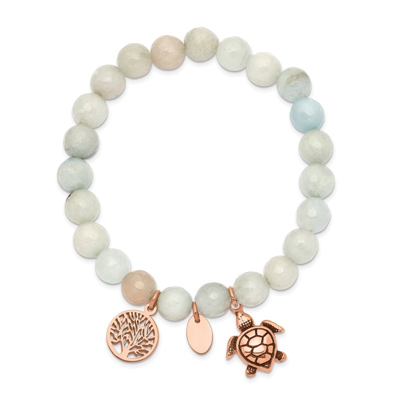 Stainless Steel Antiqued and Polished Rose IP-plated 8mm Blue/Grey Dyed Jade Beaded Stretch Bracelet