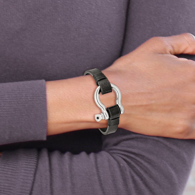 Stainless Steel Polished Shackle Black Leather 8.25 inch Bracelet