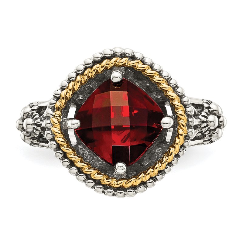 Sterling Silver with 14K Accent Antiqued Checkerboard Cushion Garnet Ring