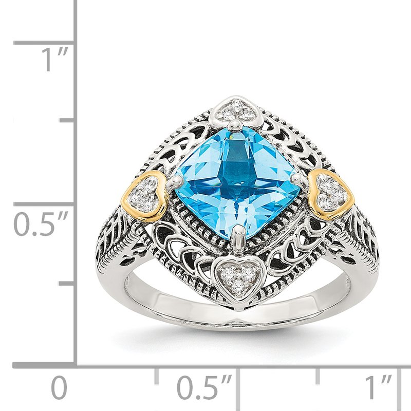 Sterling Silver with 14K Accent Antiqued Diamond and Cushion Blue Topaz Ring