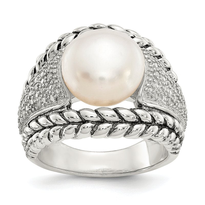Sterling Silver Antiqued Freshwater Cultured Pearl and Diamond Ring