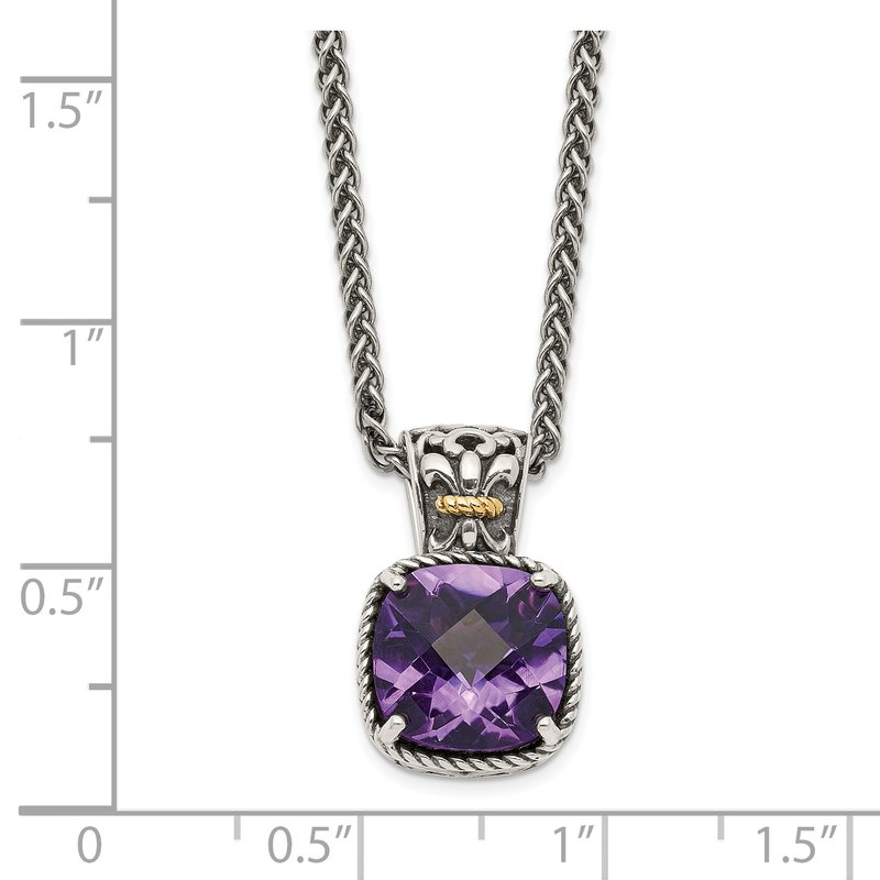 Sterling Silver with 14K Accent 18 Inch Antiqued Cushion Checkerboard Amethyst Necklace