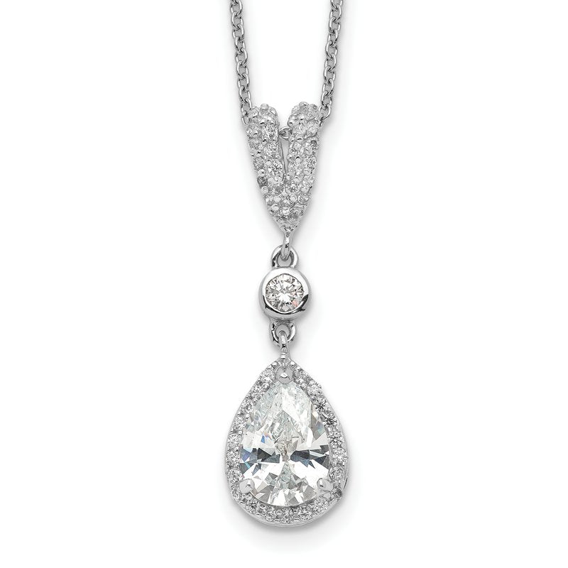 Sterling Silver Rhodium-plated Brilliant-cut CZ Teardrop and Bezel Halo 18 Inch Necklace