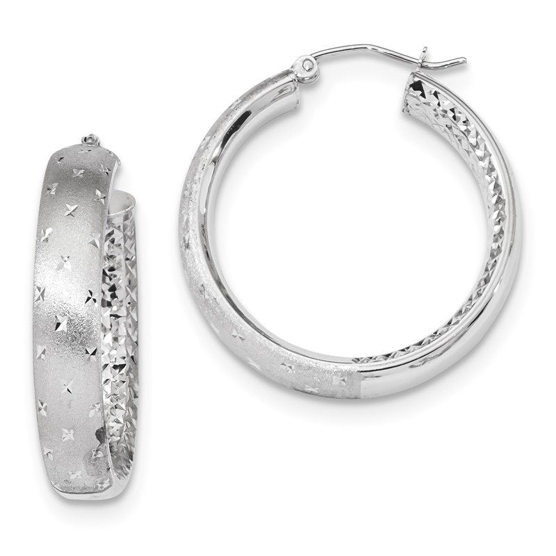 14k White Gold Polished Satin and Diamond-cut In/Out Hoop Earrings